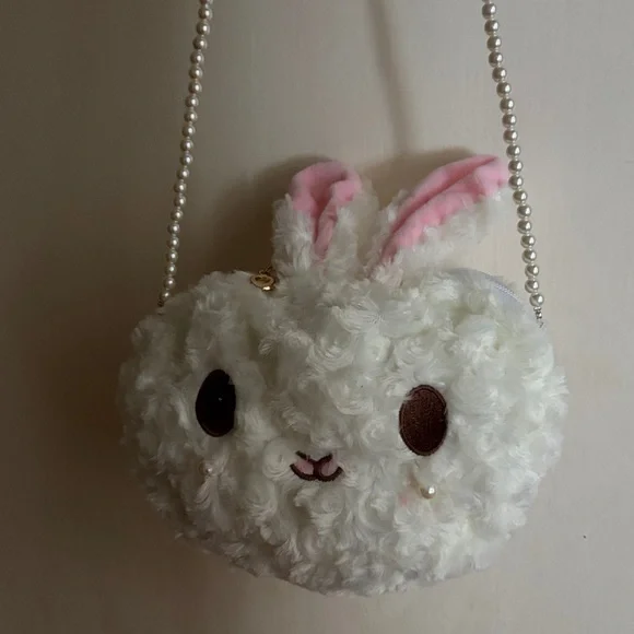 Adorable White and Pink Bunny Kids Purse with hot pink Pom Pom head band - Picture 2 of 7